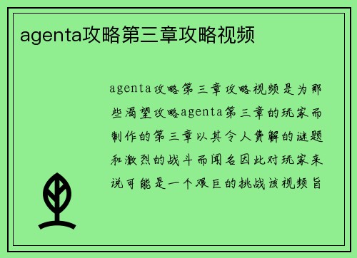 agenta攻略第三章攻略视频