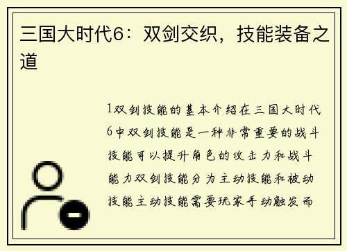 三国大时代6：双剑交织，技能装备之道