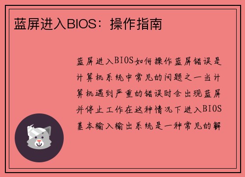 蓝屏进入BIOS：操作指南