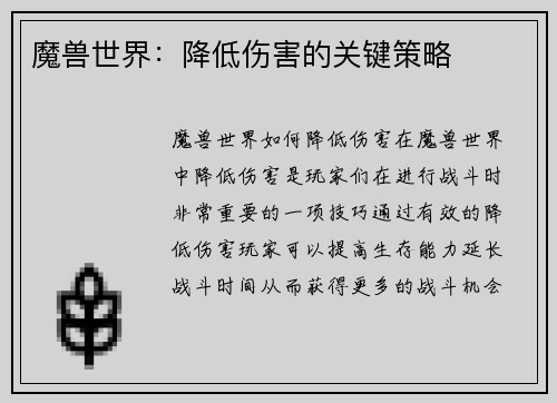 魔兽世界：降低伤害的关键策略